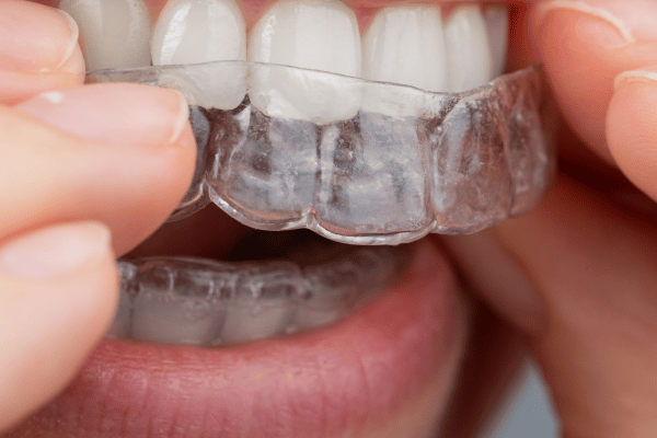 Woman putting on Clear Aligners