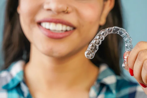 Woman holding clear aligners